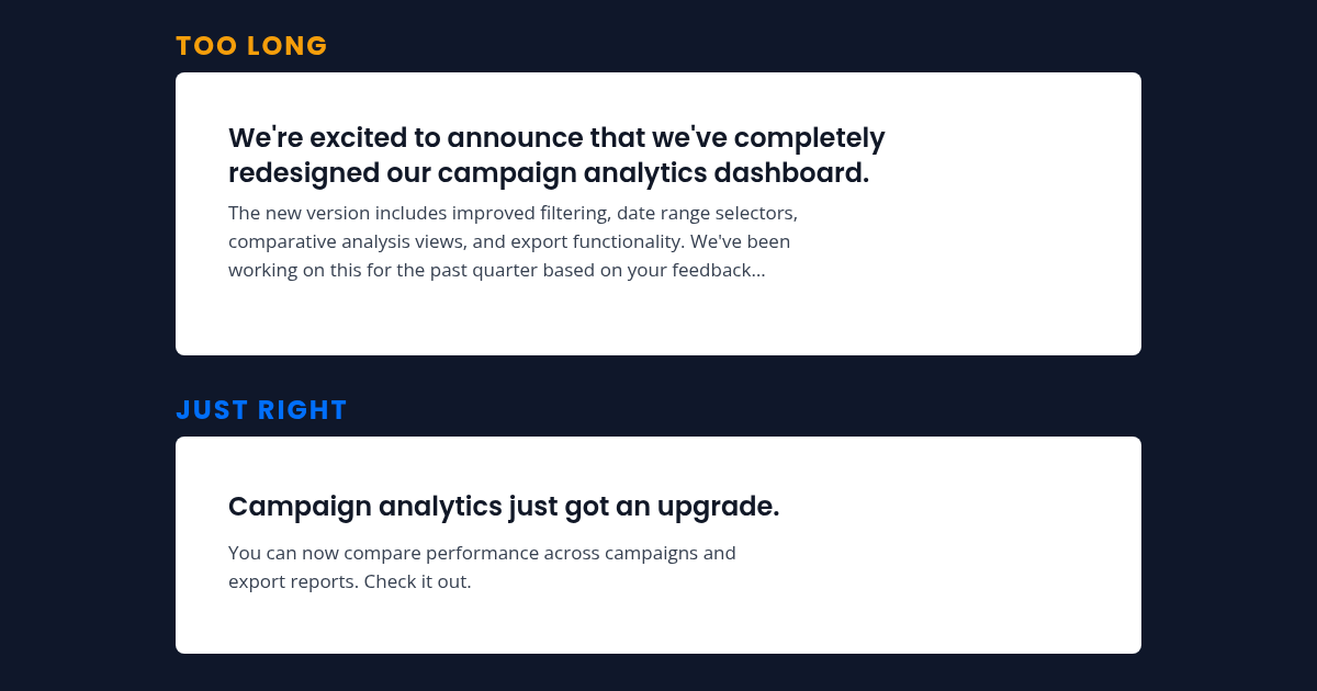 Two in-app announcement cards stacked for comparison: a wordy "too long" version above a concise "just right" version.