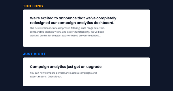 Two in-app announcement cards stacked for comparison: a wordy "too long" version above a concise "just right" version.